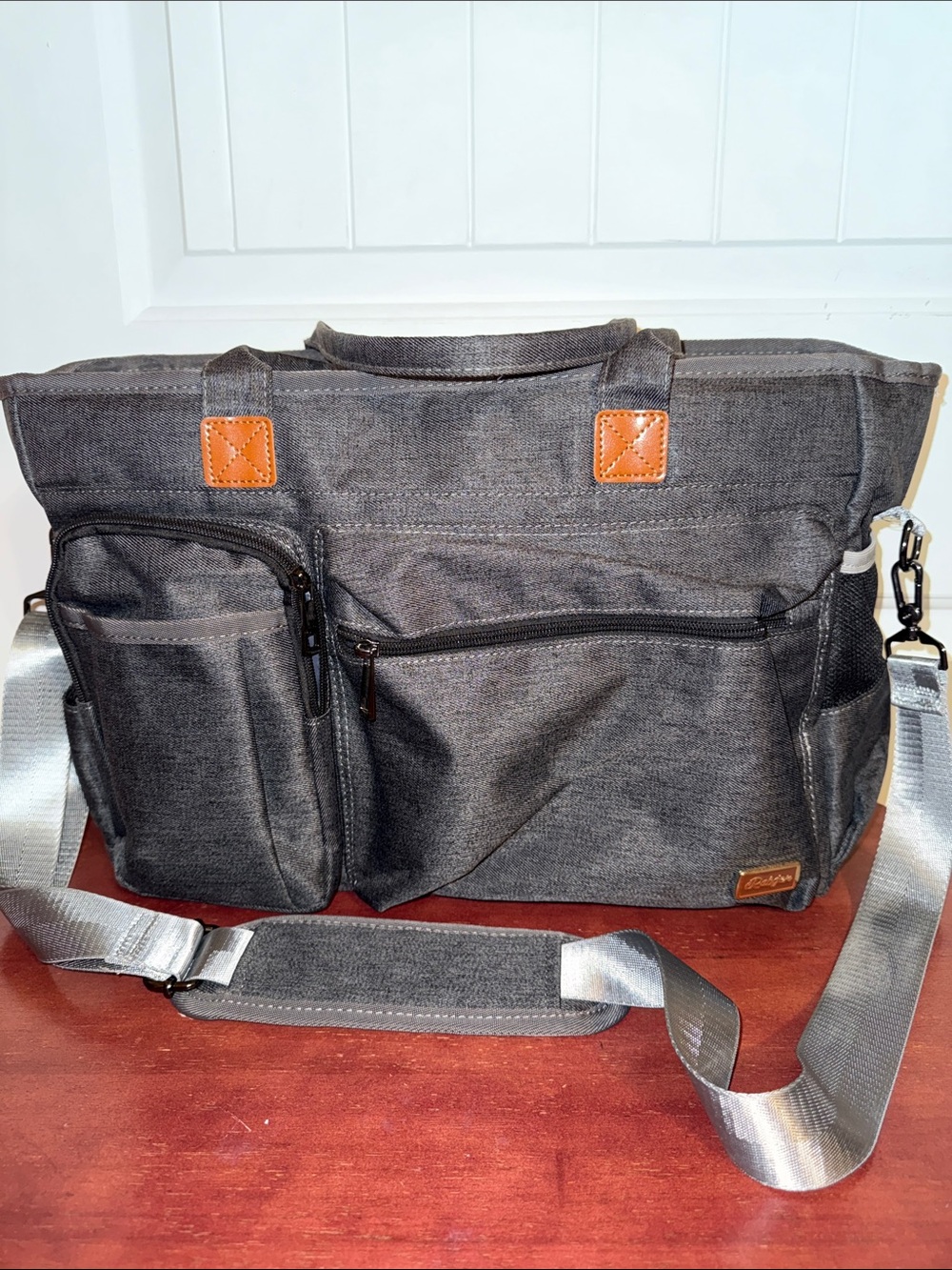 Men's Dark Gray Canvas Laptop Messenger Bag with Silver Strap
